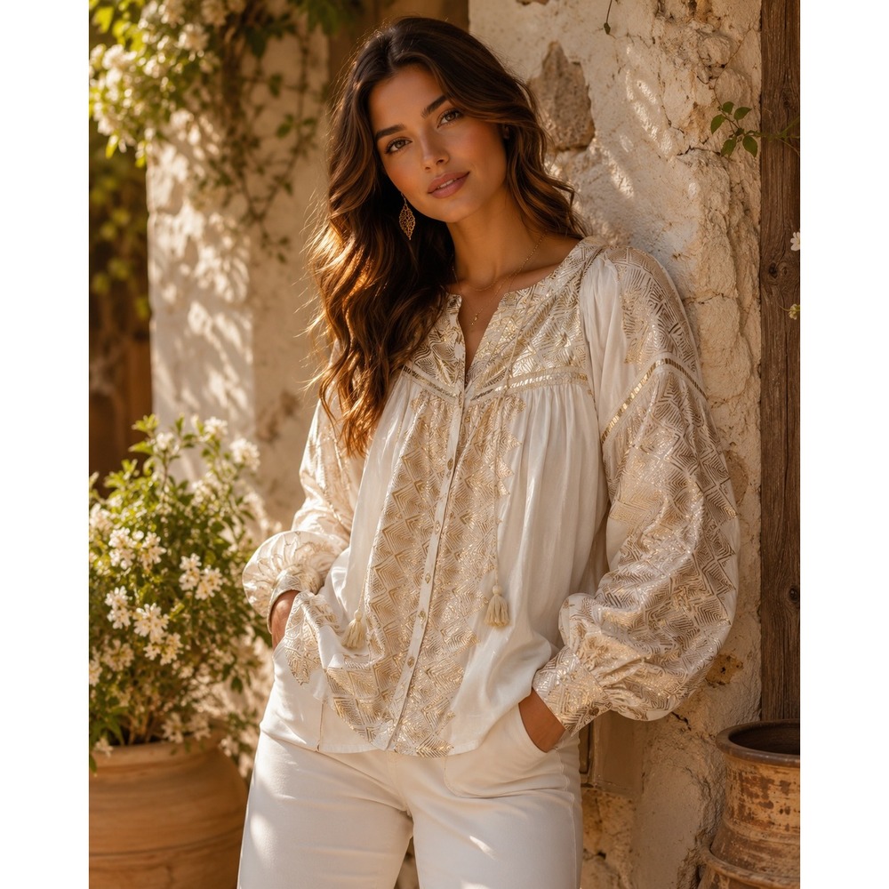 Kasia Metallic Gold Geometric Peasant Blouse Lace Tassel Top Made in Greece S
